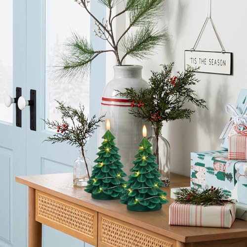 Image of Eldnacele Christmas Tree Flameless Candles String Lights with 11-Key Remote and Timer, Battery Operated 3D Wick Flickering Real Wax LED Pillar Candles Xmas Eve Dinning Holiday Decor(2Pcs,3 inchx7.1 inch)
