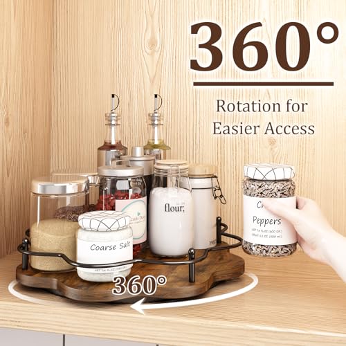 Image of 12 inch Lazy Susan Turntable Organizer,Round Wooden Lazy Susan Organization and Rotating Spice Rack for Dining Table,Pantry,Kitchen Countertop,Vanity,Cupboard and More.Vintage Wood(Petal Shape)