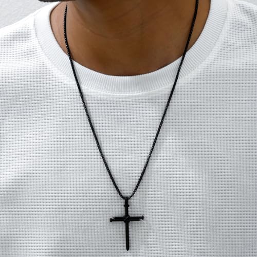 Dreuyet Nail Cross Necklace for Men Stainless Steel Vintage Polished Black Gold Silver Nail Cross Pendant Chain 24 inch Strength Bible Verse Cross Necklace Christian Jesus Jewelry Gifts2