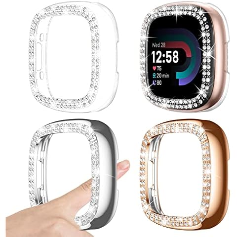 [3Pack] Kamita Bling Case for with Fitbit Versa 4/Sense 2, Shockproof Hard PC Watch Bumper Protector Cover Ultra Thin Glitter Protective Case for Versa4/Sense2 Accessories(Clear+Sliver+Rose gold) Cover