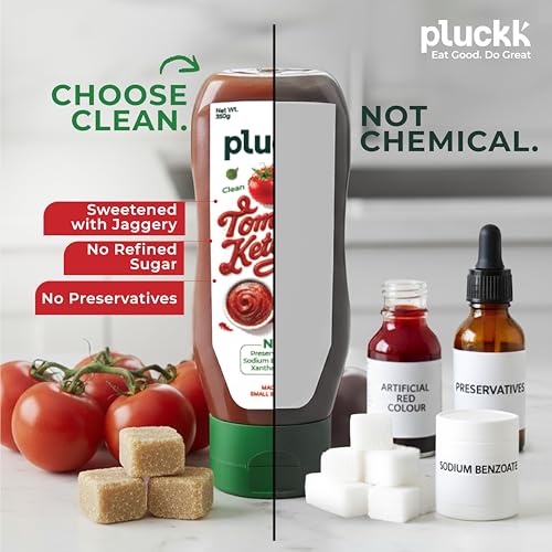 Image of Pluckk Tomato Ketchup - 350g | Tomato Sauce | Sweet & Tangy Sauce Made with Fresh & Natural Ingredients | Made with Jaggery | No Added Sugar & Preservatives, No Sodium Benzoate & No Xanthan Gum