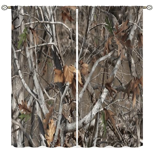 Yearn Jear Camo Hunting Windows Curtains, Forest Camouflage Oak Branches Leaves Mossy Hunting Lodge Camp Cabin Theme Windows Curtain for Bedroom 72x63in Blackout