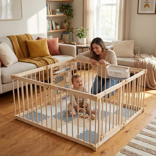 Miotetto Baby Playpen Wooden Playpen for Babies and Toddlers Foldable Fence with Montessori Activity Panel Storage Basket & Gate Portable Easy to Assemble Baby Play Pen Natural Wood Playyard