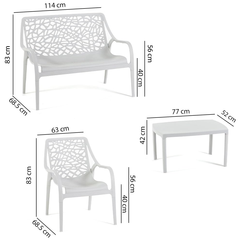 Set Maratea Salotto da giardino polipropilene fibra di vetro 4 posti Divano due posti 2 Poltrone Tavolino impermeabile impilabile Grigio Chiaro
