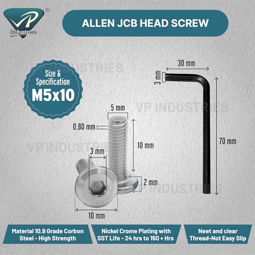 Image of By VP INDUSTRIES (Pcs-25) M5x10 mm Allen JCB Flat Head Screw Nickel Finish | Allen Key Furniture Bolt Fastener for Crib, Bunk Bed, Cot & Barrel Bolt Fittings