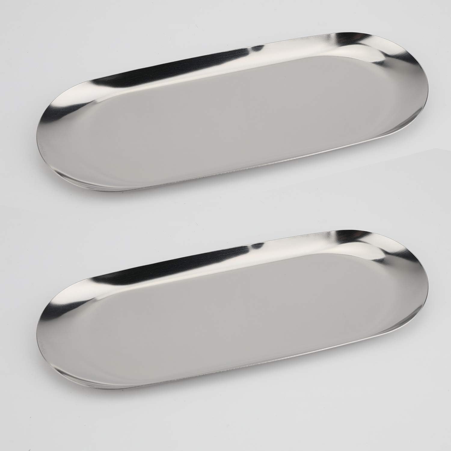 NOSKIN Stainless Steel Decorative Tray, Set of 2, 9 Inch Long, Jewelry Dish Cosmetics Organizer Bathroom Clutter Serving Platter Small Storage Tray, Oval, Gold (Silver)