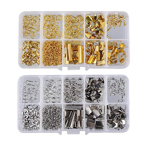 DYNWAVE Kit de fabricação de joias de 2 caixas com argolas, fechos lagosta, extremidades de cordão e