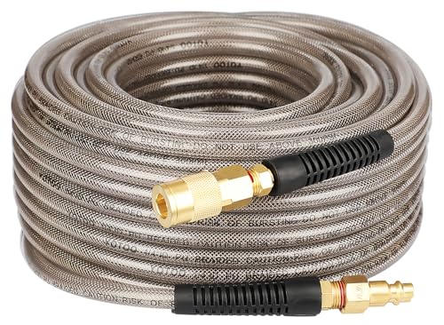 YOTOO Reinforced Polyurethane Air Hose 1/4" Inner Diameter by 100' Long, Flexible, Heavy Duty Air Compressor Hose with Bend Restrictor, 1/4" Swivel Industrial Quick Coupler and Plug, Gray