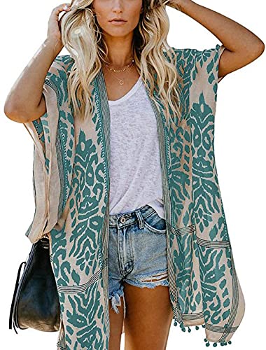 Chaqueta de Playa de Manga Corta para Mujer con Estampado de Kimono, Bohemio Casual Batas Women Beach Bikini Cover Up, Body Wrap, Un Tamaño (Verde) Cover