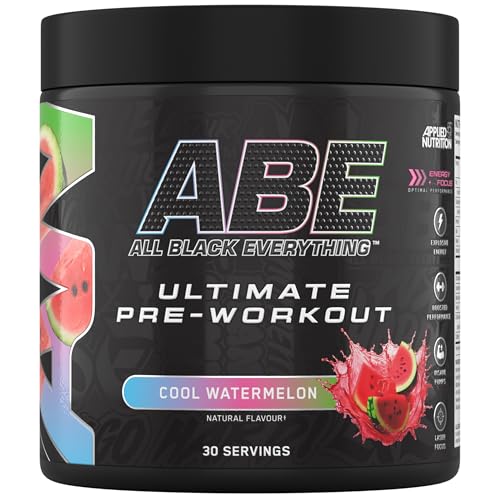 Applied Nutrition ABE Pre Workout – Poudre pré-entraînement entièrement noire, énergie et performances physiques avec citrulline, créatine, bêta-alanine (375 g – 30 portions) (pastèque fraîche)