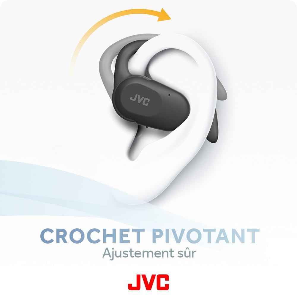 JVC Nearphones Oreilles Libres True Wireless avec Crochet pivotant, Driver néodyme 16mm, Bluetooth 5.4, Autonomie 26heures - HA-NP40T-B (Noir)