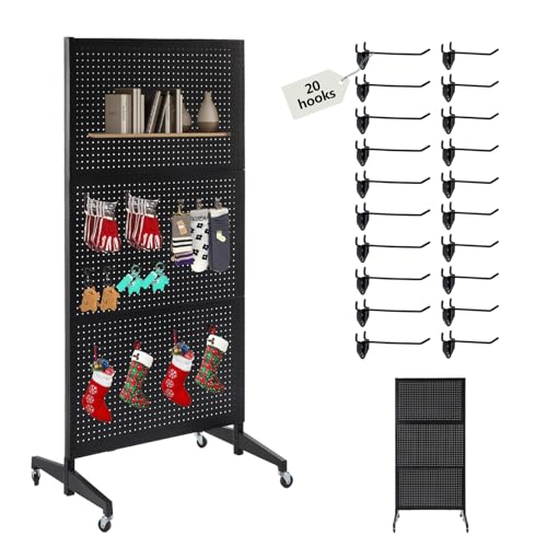 NectaCol 3'x 6' Pegboard Display Stand with T-Base, Metal Peg Board Display Stand With Wheel, Standing Pegboard Display with 20 pieces Hooks, Black