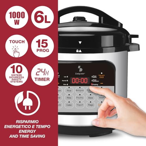 BEPER P101COS002 Pentola Multicooker a Pressione 6 Litri,15 Programmi di Cottura, Slow Cooker, Timer 24h, 3 Livelli di Pressione, Funzione Mantenimento Caldo, 10 Sistemi di Sicurezza,1000W - immagine 3