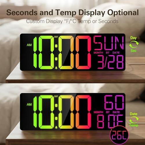 Image of JALL 17.98 inch Large Digital Wall Clock with RGB Lights & Remote, Digital Clock with Bluetooth Sync & DST, Wall Clock with Temperature & Seconds Display, Clocks for Living Room, Seniors