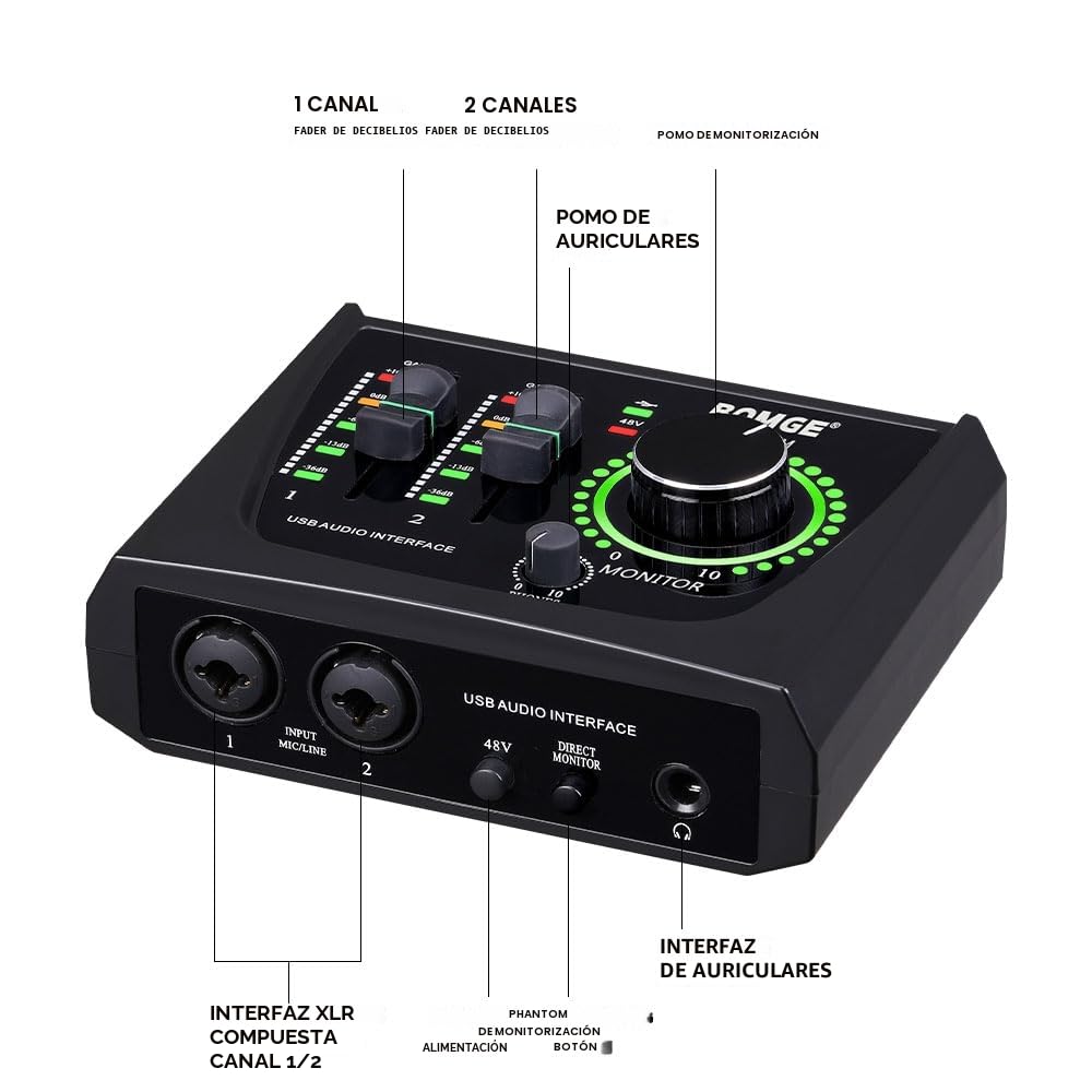 BOMGE Mini interfaz de audio USB de 2 canales para grabación, transmisión y podcasting, con alimentación fantasma XLR/48V, audio de calidad de estudio para guitarrista, vocalista,