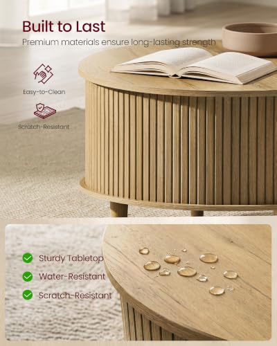 Image of VASAGLE Round Coffee Table, Lift Top Coffee Table with Tambour Sliding Door