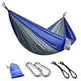 GEEKHOM Amaca Doppia Campeggio Giardino (270 cm x 140 cm), Capacità di Carico Massimo 250 Kg, 2 Persone Ultraleggera Traspiranteper in Nylon Paracadute, 2 Cinghie & 2 Moschettoni (Blu)