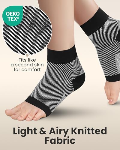 Image of KEMFORD Ankle Compression Sleeve - 1-Pair, Plantar Fasciitis Braces - Open Toe Compression Socks for Swelling, Sprain, Neuropathy, Foot Arch Support for Men and Women - 20-30mmhg, L, Black and White