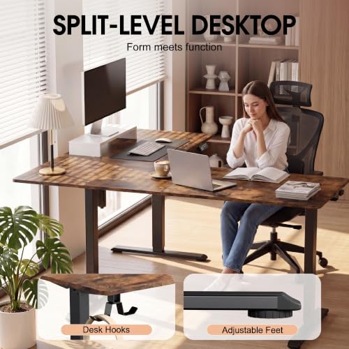 Image of Furmax 63 x 55 Inch L Shaped Standing Desk with 2 Preset Heights, Electric Height Adjustable Computer Table, 2 Hooks & Feet Balance, Corner Sit Stand Desk for Home Office (Rustic Brown, 63 x 55 Inch)