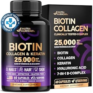 Biotin | Collagen | Keratin – Clinically Tested Supplement – Hair Growth Support – Skin & Nails Complex 25000 mcg – Hyaluronic Acid | B2 | B3 | B6 | B7 – Made in USA – For Women & Men | 60 Capsules