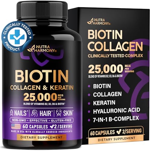 Biotin | Collagen | Keratin – Clinically Tested Supplement – Hair Growth Support – Skin & Nails Complex 25000 mcg – Hyaluronic Acid | B2 | B3 | B6 | B7 – Made in USA – For Women & Men | 60 Capsules