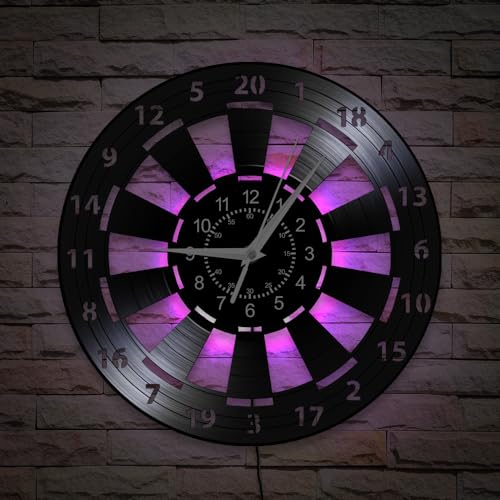 Darts Game Wall Clock, 12 Inch 7 Colors Luminous Dart Board Clock, Silent Quartz Non Ticking Modern Decorative Vinyl Record Night Light Wall Clock for Man Cave Boys Room Game Room Bar