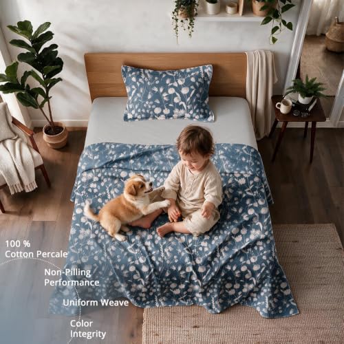 Image of Linen Home Cotton Percale Flat Bedsheet Set Double Size Blossomy Blue