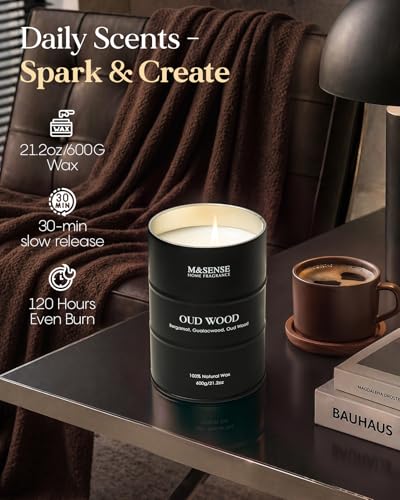 Image of M&SENSE Oud Wood Large Scented Candles Natural Soy Wax, 21.2oz Long Lasting Up to 120 Hours Burning Time, Unique Candle Gifts for Men Women
