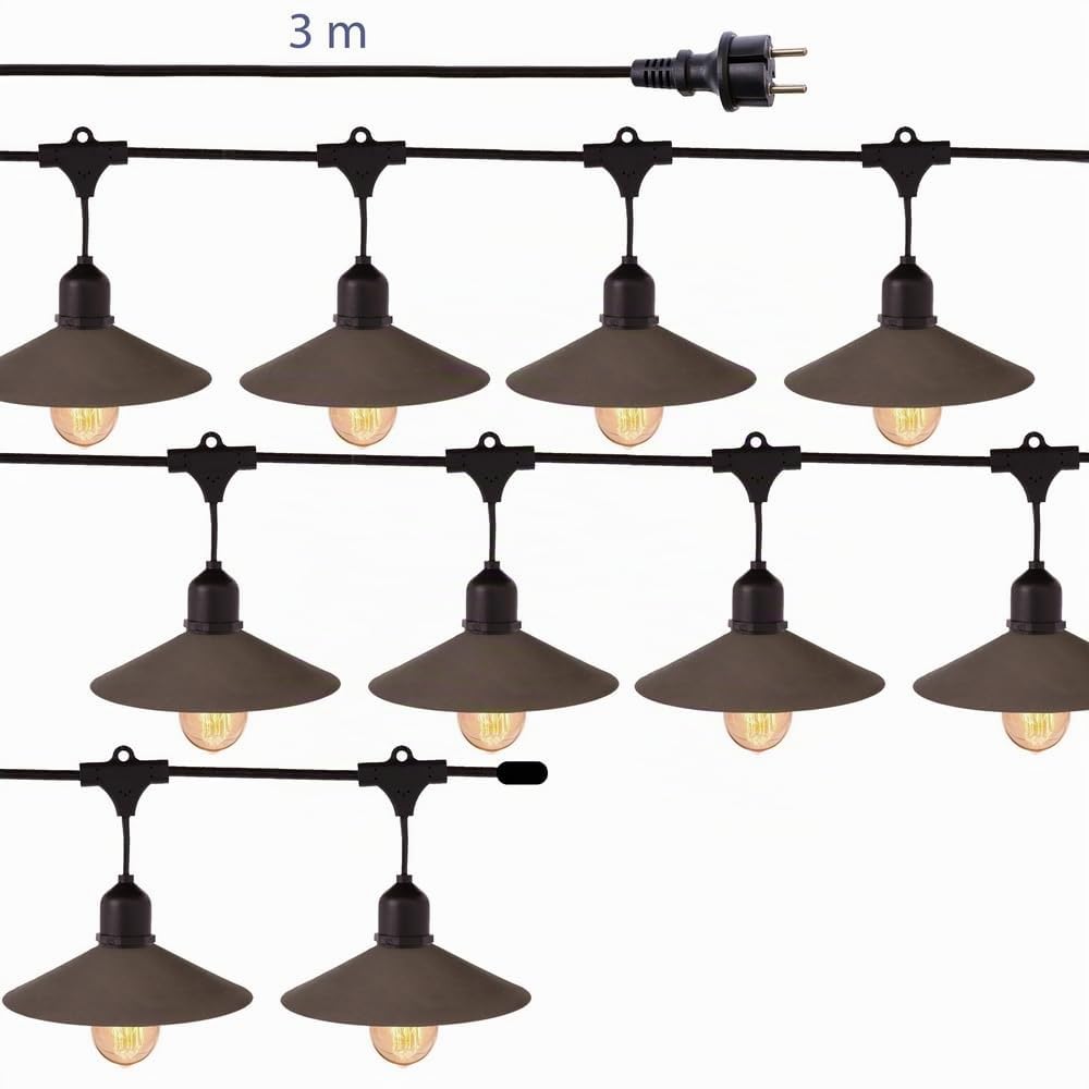 LOLAhome Guirnalda Luces Industrial Exterior 7 Metros y 10 Bombillas 40W | 2. 200K, 1. 800Lm. IP 44. Casquillos E 27 con pantallas de metal bronce. Ampliable extensible. Modelo Chateau