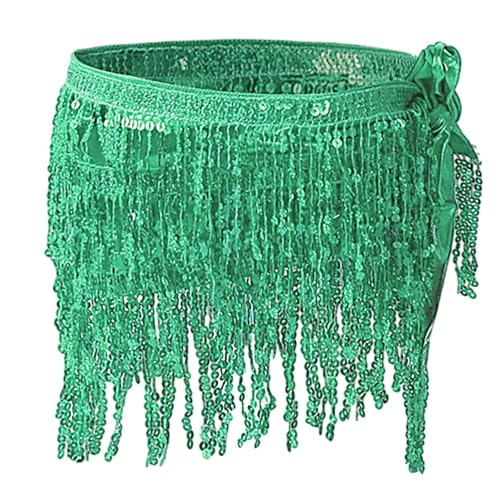 Jupe à Paillettes pour Femme Costume De Danse du Ventre pour Femme Jupes Paillettes Enveloppées de Franges Jupes de Franges Rave du Ventre Ethnique Indienne Tenue De Belly Dance Pour (Green, One Size)