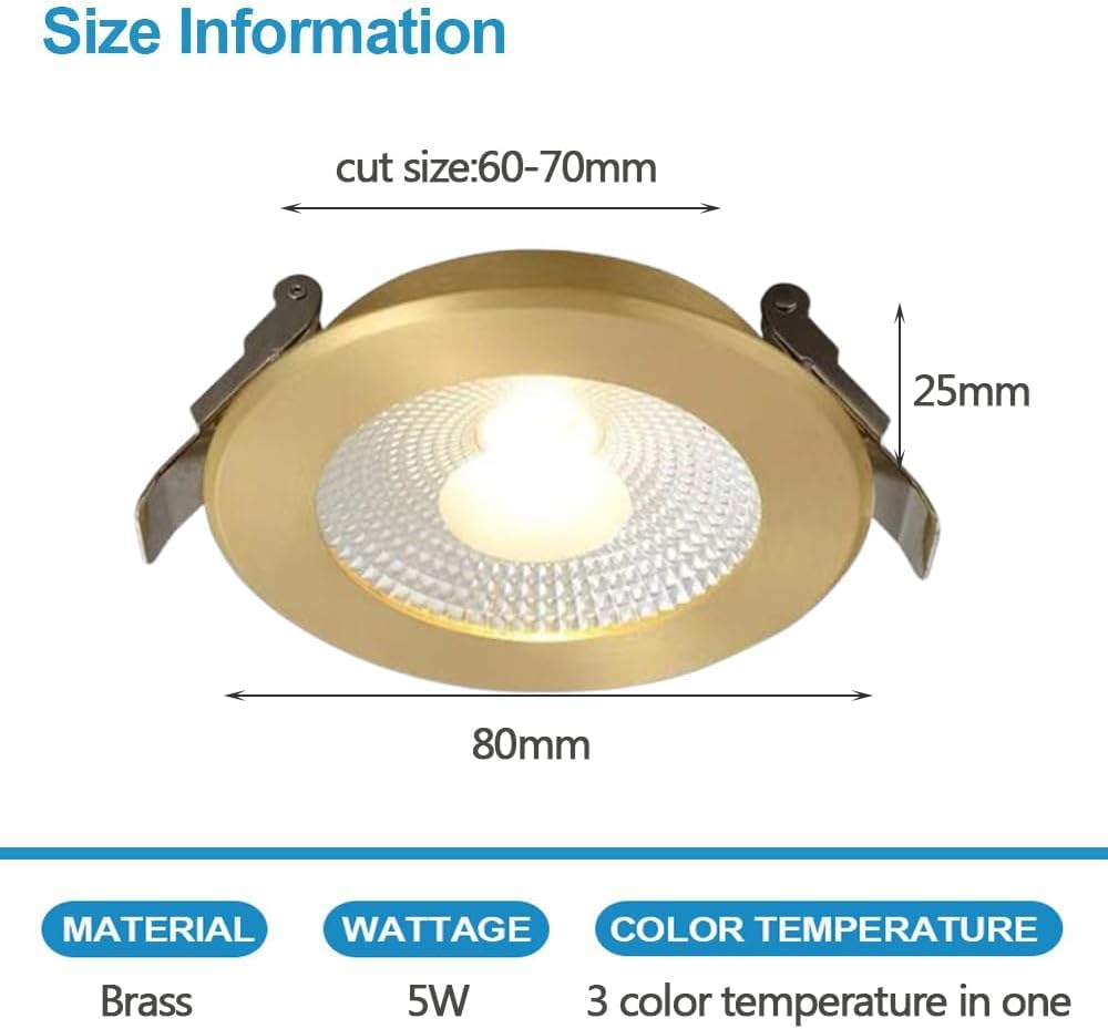 XBTGS Riflettore di luce da incasso ultra sottile rotondo in ottone, lampade LED da incasso, luce diurna, luce da soffitto ad incasso tipo occhio di bue, 80 mm, 80 mm, 80 mm