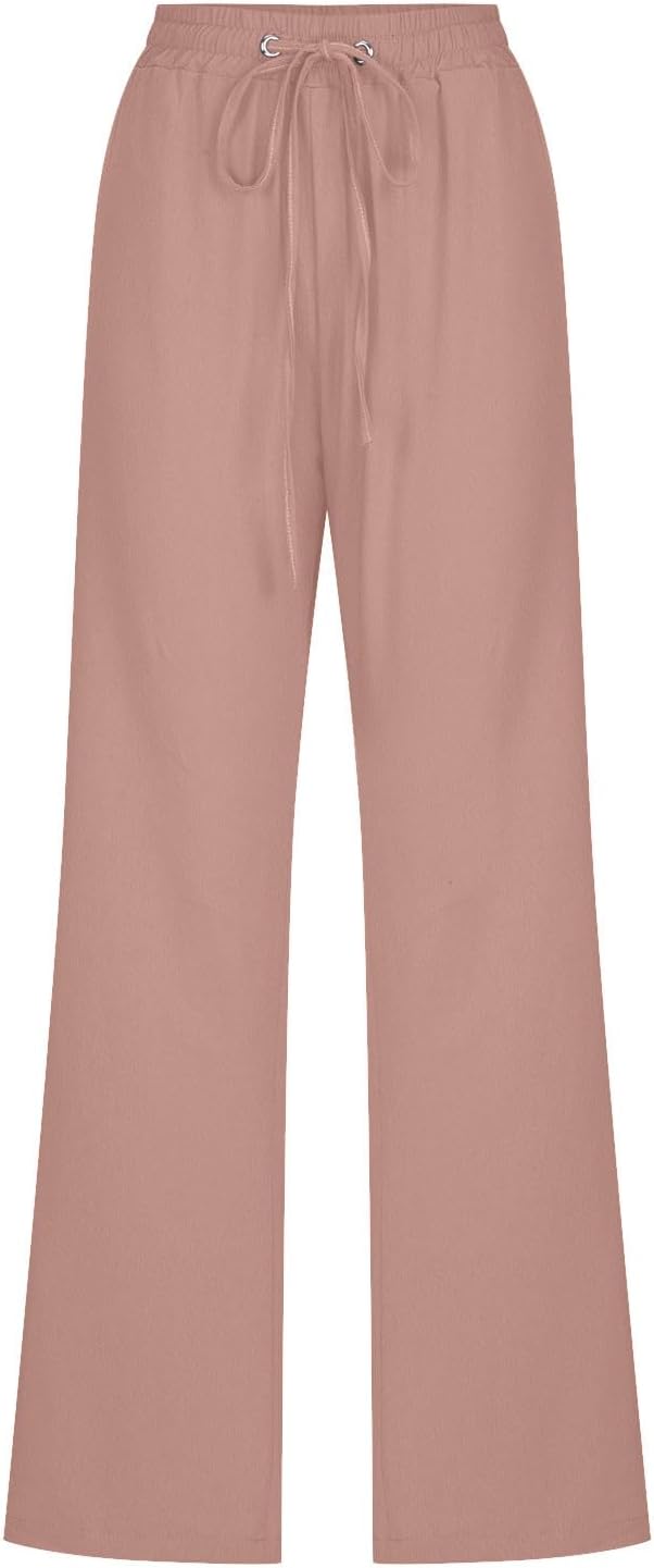 Womens Cotton Linen Pants,Summer Fall Casual Relaxed Fit Drawstring Elastic Waist Comfy Lounge Trousers with Pockets