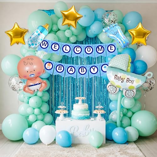 Image of 57 Pcs Welcome Baby Boy Decoration Kit | Balloons, Banner, Curtains, Foils, Stars, Hearts, Ribbon & Confetti for Baby Shower & Newborn Celebration Set 04