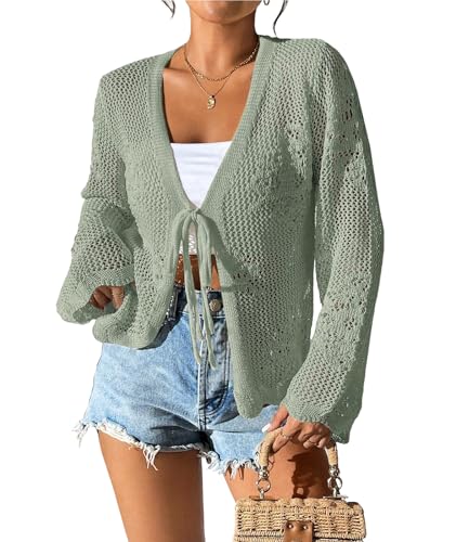 Urchics Womens Casual Cardigan Summer Beach Long Sleeve Hollow Out Tie-Front Crochet Cardigan