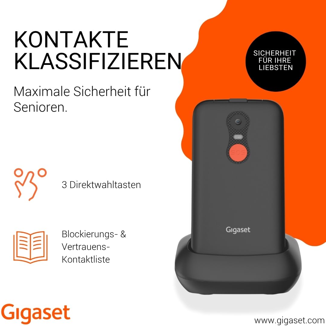 Gigaset GL595 Flip-Mobiltelefon – einfache Bedienung für Senioren, große Tasten & SOS-Notruftaste – Staub- & spritzwassergeschützt IP44 Schutzklasse–ohne Vertrag–2,8 Zoll TFT-Farbdisplay, Black