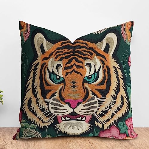 ArogGeld Animal Tiger Hand Floral Throw Pillow Colorful Flower Animal Print Tiger Decorative Throw Pillow Cushion Chinoiserie Style Farmhouse Pillowcase for Living Room 16x16in White Flax