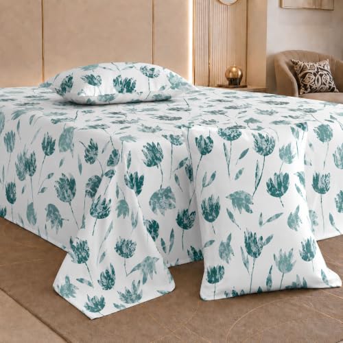 Image of Jaipur Weaves Cotton Linen Feel King Size Bedsheet 108x108 Super King, 100% Pure Cotton Bed Sheet with 2 Pillow Covers, 300 TC Soft Breathable Floral Design Bedding -(Tulips Green,Super King)