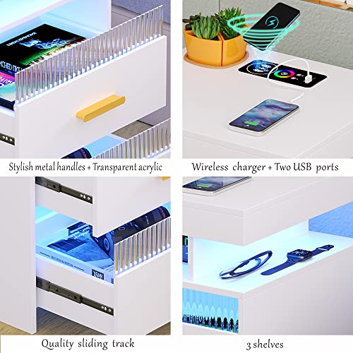 طاولة جانبية من ديستلر مع قاعدة شحن: طاولة بجانب السرير LED مع درجين ورف تخزين مفتوح، طاولة جانبية ذكية مع مستشعر بشري ضوء، اثاث غرفة نوم حديث، ابيض