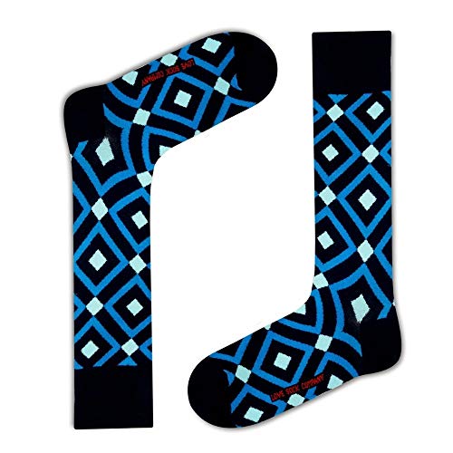 Luxury Organic Cotton Fun Geometric Argyle Dress Socks for Men One Size 7-12.5 - 1 Pair - Mirrors Blue