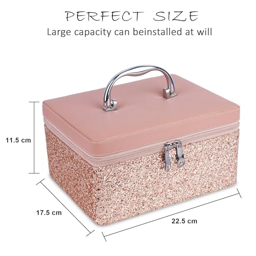 Image of FADAK Leather Cosmetic Makeup for Beauty Case Wedding Makeup Box Travel Large Vanity Mirror Storage Jewelry Bridal Box 22.50x 18.75x11.75 cm (Pink) Medium