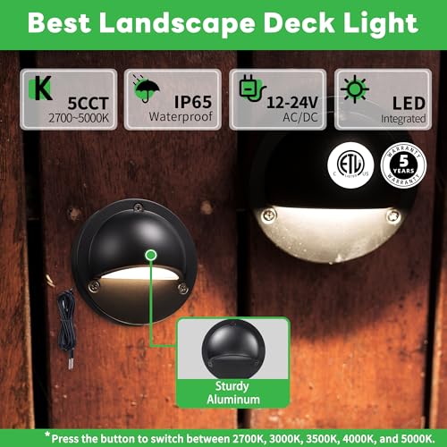Image of Low Voltage Landscape Deck Lights - 12V LED Outdoor Step Lights, Adjustable Warm White & Cool White, Waterproof Black Round Aluminum Lighting for Yard Wall Fence Railing 4 Pack