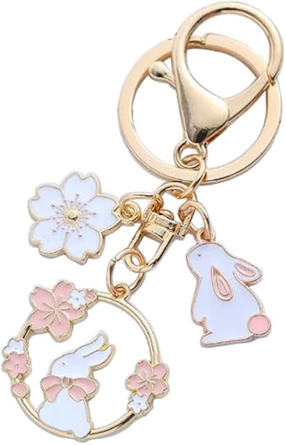 Cartoon Sakura Rabbit Keychain For Girls Women Flower Bunny Pendant Lobster clasp Keyring Backpack Keyring Charm Car Key Chain Gift Accessories