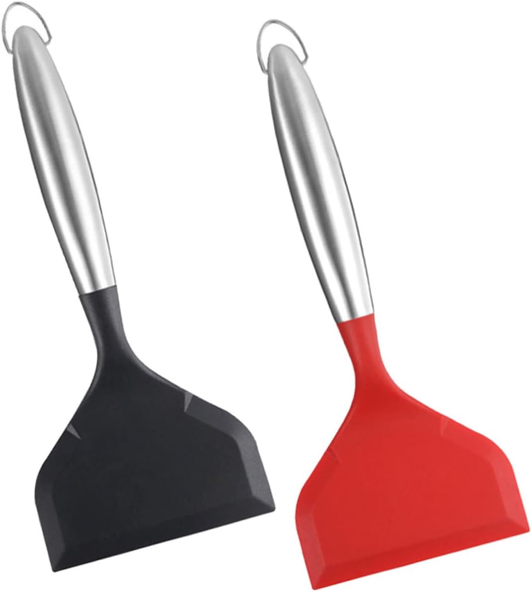 SHOWERORO 2pcs Heat Resistant Silicone Spatula Stainless Steel Handle for Cooking Frying and Serving Non-stick Kitchen Tool for Pancakes Steak and Pizza Black Red