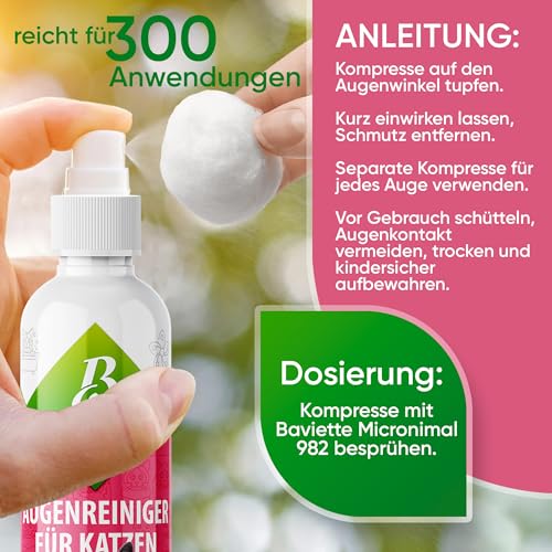 Baviette Katzenpflege – Augenreiniger für Katzen 100 ml, geruchlos & pH-neutral – sanftes Pflegespray zur Augenpflege bei Tränenablagerungen, probiotisch inspiriert mit Mikroorganismen, alkoholfrei