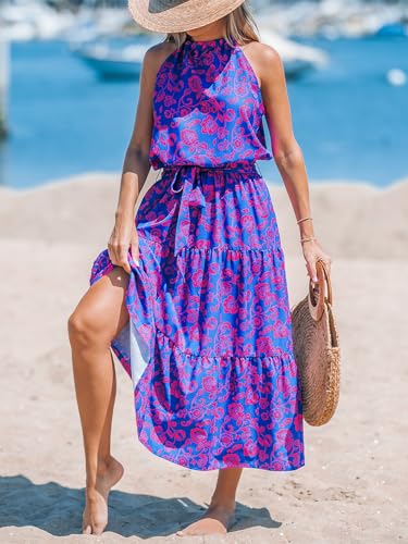 Image of CUPSHE Women's Midi Dress Halter Floral Sleeveless Belted Ruffled A Line Casual Summer Dress