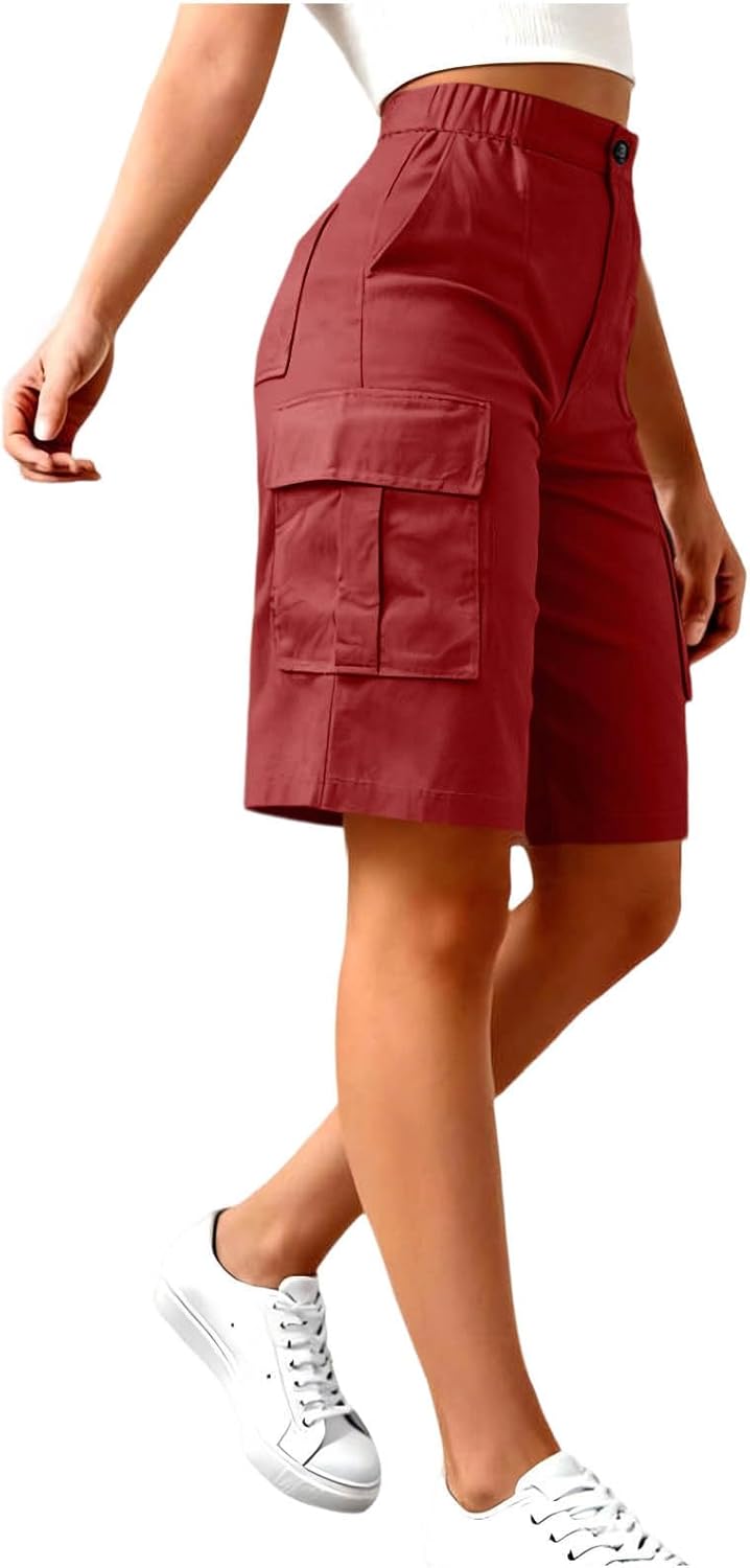 Cargo Shorts Women Elastic Waist Bermuda Shorts Lightweight Hiking Short Pants Button Up Cargo Pants with Pockets