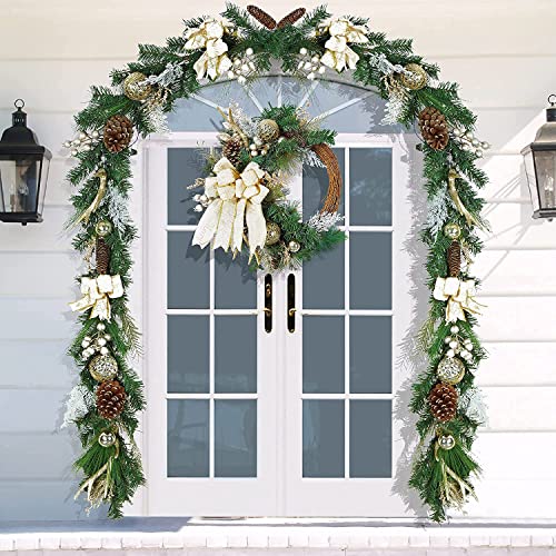 Adeeing 24 Inch Christmas Wreath With Lights, Artificial Xmas Wreath For Front Door With 20 Led Lights And Gilded Ball Ornaments Ribbon Bow For Home Party Indoor Outdoor Decoration #TOP6