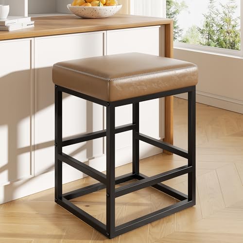 Image of Bar Stools, 24in Counter Height Barstools, Faux Leather Counter Stools with Thick Square Seats & Sturdy Metal Base, Modern Bar Chairs for Kitchen Island (Coffee)