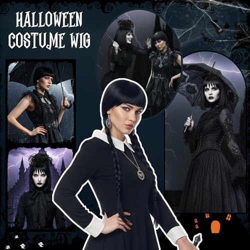 Image of S-noilite Lydia Deetz Wig, Black Ghost Bride Costume Wig and Detachable Bun with Chocker for Women's Halloween Cosplay Party 16 inch