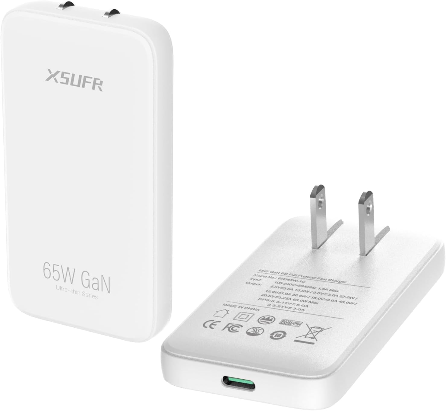 Flat USB C Wall Charger, 65W USB C Charger, Ultra Slim Wall Charger, Folding Travel Single Port GaN USB Wall Charger, for Laptops, Tablets, Phones (White-1C), FR065W-1C